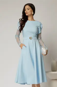Rochie midi bleu cu maneci din dantela si cordon detasabil imagine