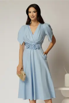 Rochie midi bleu de ocazie cu pliuri pe bust si cordon detasabi cu flori imagine