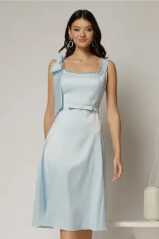 Rochie midi bleu de ocazie din satin cu perle la decolteu imagine