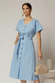 Rochie midi bleu de zi din in tip camasa cu manecile scurte imagine