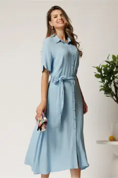 Rochie midi bleu din bumbac in clos cu cordon in talie imagine