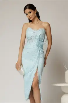 Rochie midi bleu din dantela cu crepeu si detaliu amplu in talie imagine
