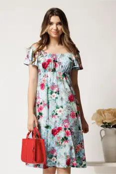 Rochie midi bleu din lycra cu trandafiri roz imagine