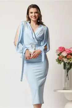 Rochie midi bleu din neopren cu franjuri din strasuri la umeri si curea in talie imagine