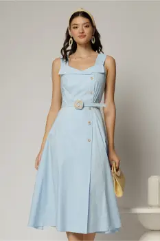 Rochie midi bleu din poplin cu nasturi si curea in talie imagine