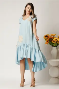 Rochie midi bleu din rayon cu croi tip A si broderie florala imagine