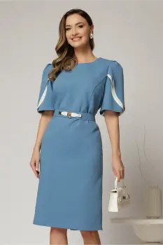 Rochie midi bleu din stofa cu croi conic si detalii ivory la maneci imagine