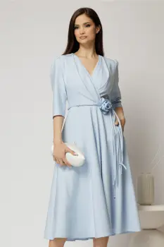 Rochie midi bleu din stofa in clos cu floare in talie imagine