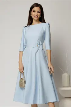 Rochie midi bleu din stofa in clos cu floare in talie imagine