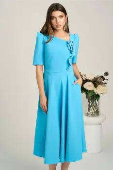 Rochie midi bleu din stofa in clos cu floare si margelute- LaDonna imagine