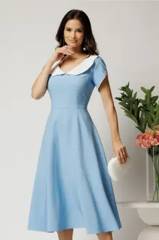 Rochie midi bleu din stofa in clos cu guler alb si perle margelute la maneci- LaDonna imagine