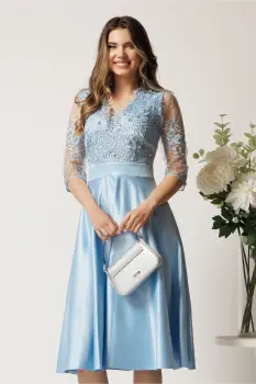 Rochie midi bleu din tafta in clos cu dantela la bust - Ella Collection Inna imagine