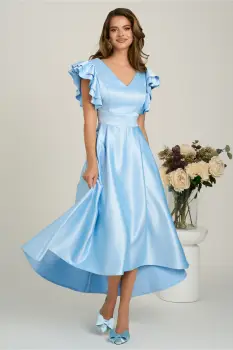 Rochie midi bleu din tafta subtire in clos cu volanase la bust- LaDonna imagine