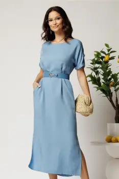 Rochie midi bleu din tencel croi drept si curea in talie imagine