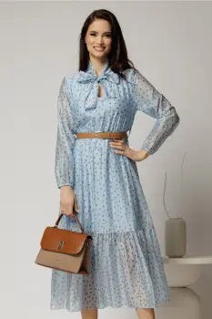 Rochie midi bleu din tencel cu buline si funda la decolteu imagine