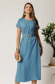 Rochie midi bleu din tencel cu croi evazat si curea in talie imagine