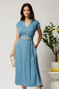 Rochie midi bleu din tencel in clos cu cu pliuri si curea in talie imagine