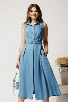 Rochie midi bleu din tencel in clos cu nasturi si curea imagine
