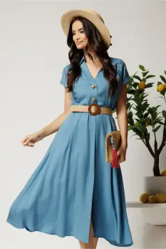 Rochie midi bleu din tencel in clos cu nasturi si curea impletita imagine