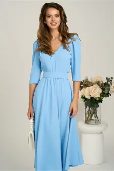 Rochie midi bleu din triplu voal in clos cu cordon in talie- LaDona imagine