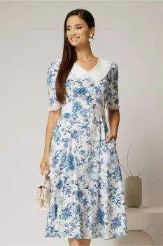 Rochie midi bleu din vascoza cu imprimeu floral si guler alb brodat imagine