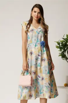 Rochie midi bleu din viscoza cu imprimeuri galbene in clos cu floare in talie imagine
