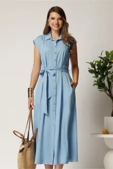 Rochie midi bleu din viscoza cu nasturi si cordon imagine