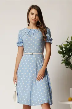 Rochie midi bleu din viscoza in clos cu buline si curea in talie imagine