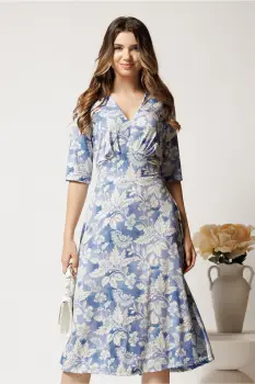 Rochie midi bleu din viscoza in clos cu flori albe imagine