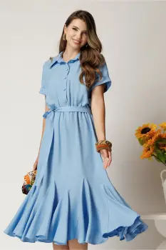 Rochie midi bleu din viscoza in clos cu nasturi si cordon imagine