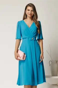 Rochie midi bleu din voal cu fundita in talie imagine