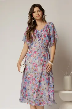 Rochie midi bleu din voal cu imprimeuri fucsia si nasturi pe bust imagine