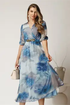Rochie midi bleu din voal cu imprimeuri si curea in talie imagine