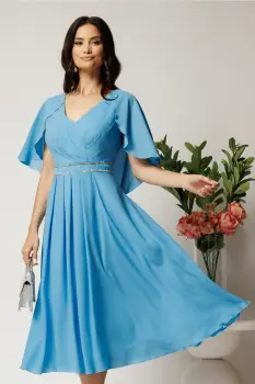 Rochie midi bleu din voal in clos cu strasuri in talie- Viada imagine