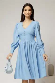 Rochie midi bleu din voal plin cu nasturi pe bust imagine