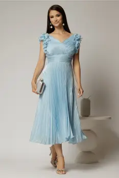 Rochie midi bleu din voal plisat cu decolteu V si volanase la maneci imagine
