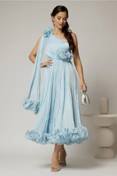 Rochie midi bleu din voal satinat cu volanase la baza si flori in talie si pe umar imagine
