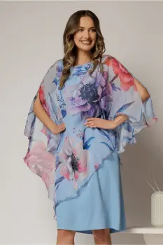 Rochie midi bleu eleganta cu capa din voal cu imprimeu floral imagine