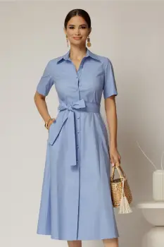 Rochie midi bleu tip camasa din poplin cu cordon in talie imagine