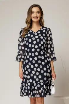 Rochie midi bleumarin cu buline, croi lejer si volanase la fusta imagine