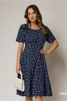 Rochie midi bleumarin cu buline cu funda la umar si croi in clini imagine