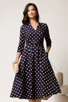 Rochie midi bleumarin cu buline din stofa cu cordon in talie imagine