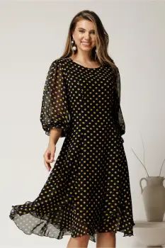 Rochie midi bleumarin cu buline galbene din voal cu croi in clini imagine