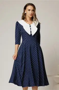 Rochie midi bleumarin cu buline si guler amplu croi clos imagine