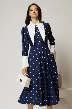 Rochie midi bleumarin cu buline si guler ascutit imagine