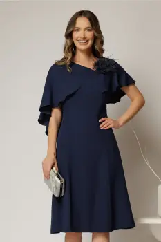 Rochie midi bleumarin cu croi in clini si detaliu floral la bust imagine