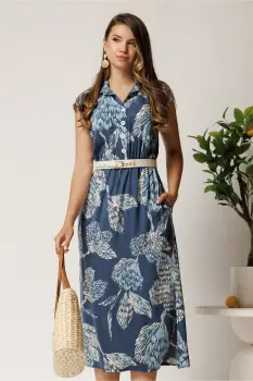Rochie midi bleumarin cu imprimeu bleu din tencel cu elastic si curea in talie imagine