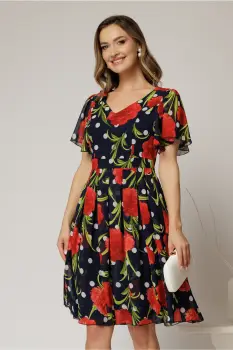 Rochie midi bleumarin cu imprimeu din voal cu decolteu in V si pliuri pe fusta imagine