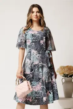 Rochie midi bleumarin cu imprimeu roz-turcoaz din lycra in clini cu funda in talie imagine