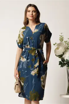 Rochie midi bleumarin cu imprimeuri kaki si cordon in talie imagine